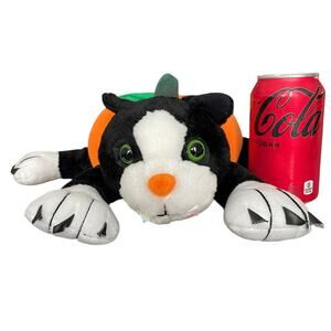 Vintage Halloween Plush Cat Pumpkin Body Green Eyes Black White Stuffed Toy READ